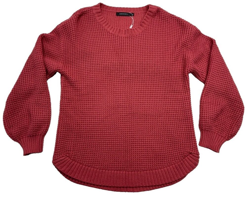 Womens XL Waffle Knit Sweater NWT Balloon Sleeve High Low Dusty Rose